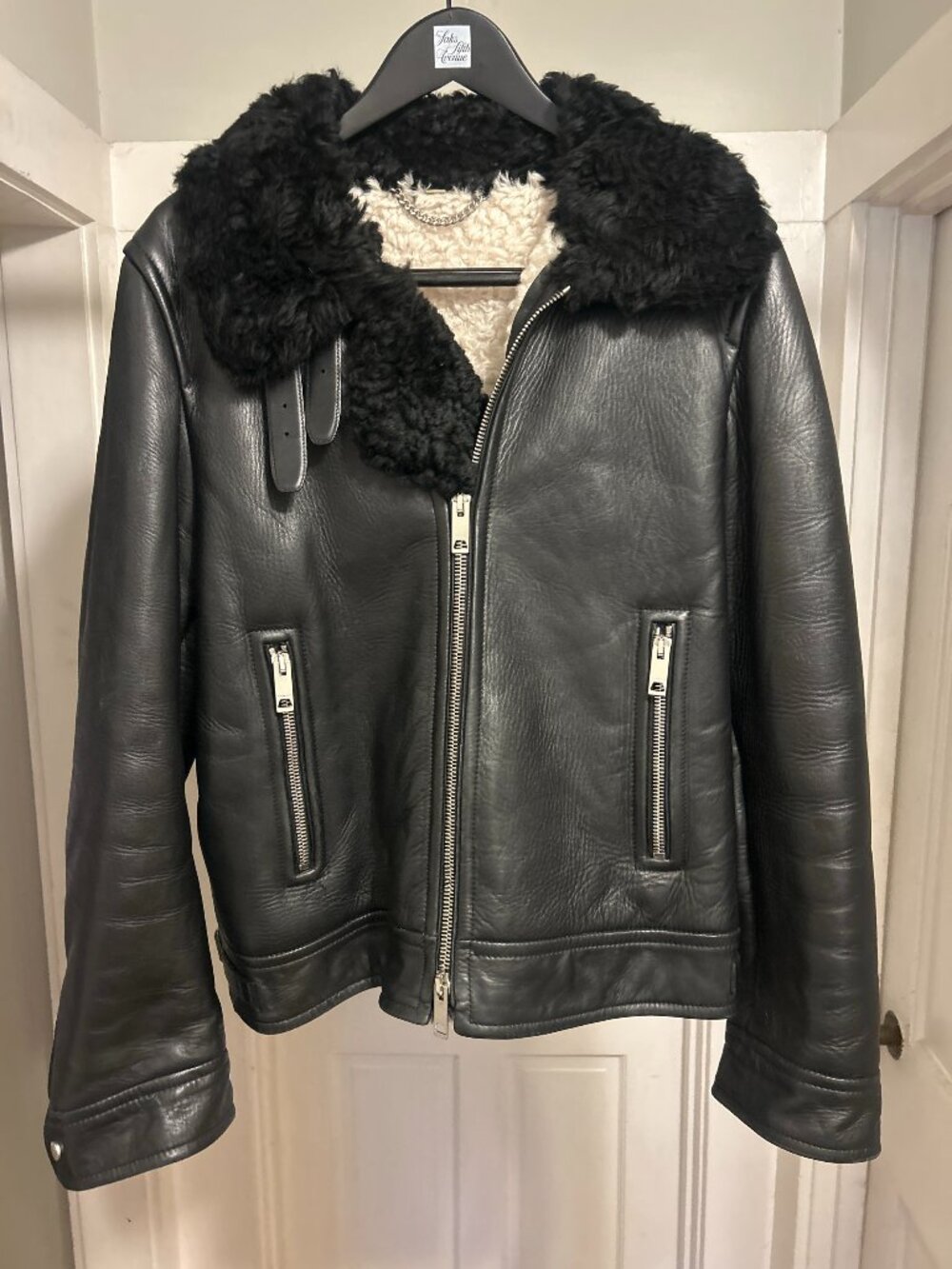 Burberry London Black Leather Shearling Aviator Bomber Jacket IT 50 US 40